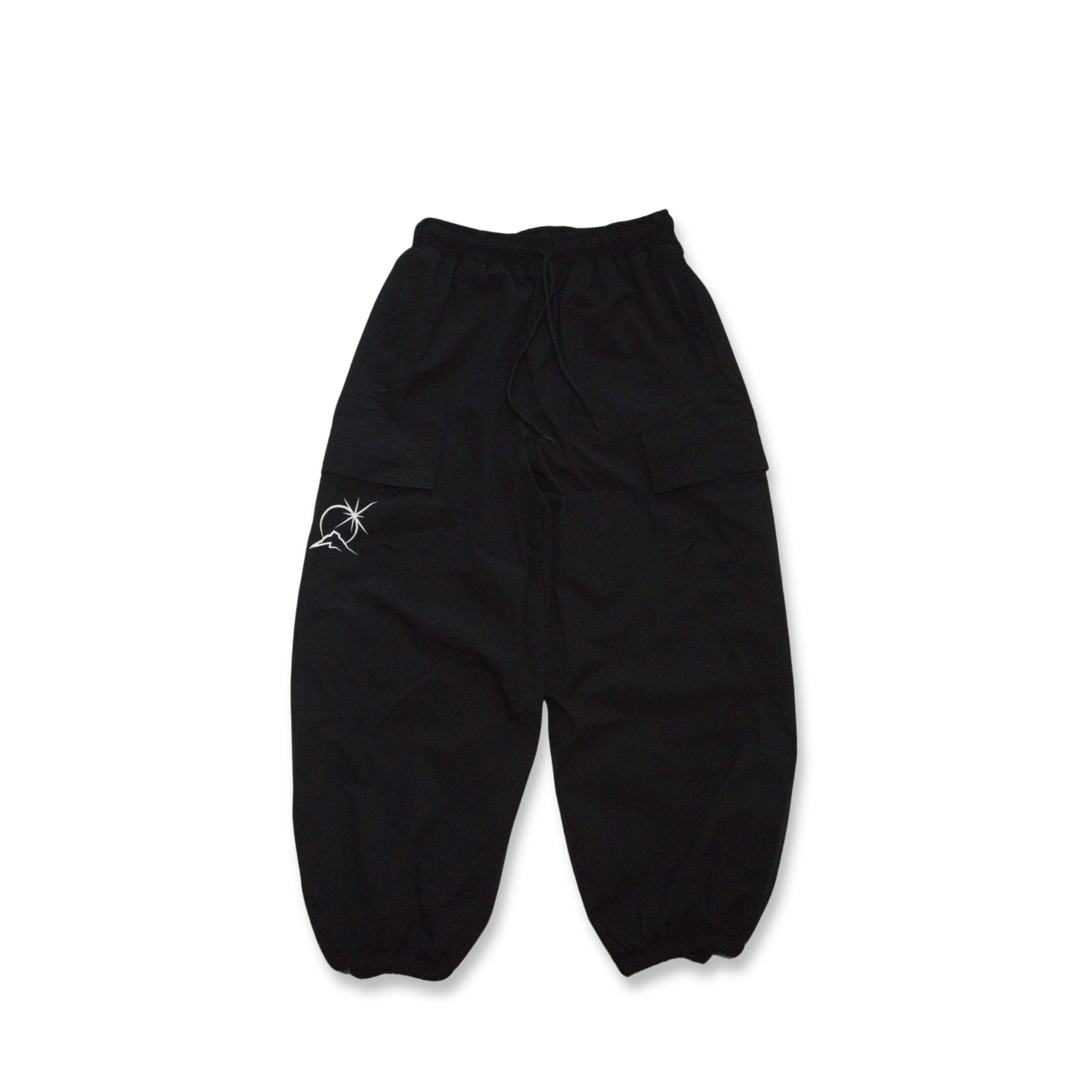 Black baggy snow pants on a white background
