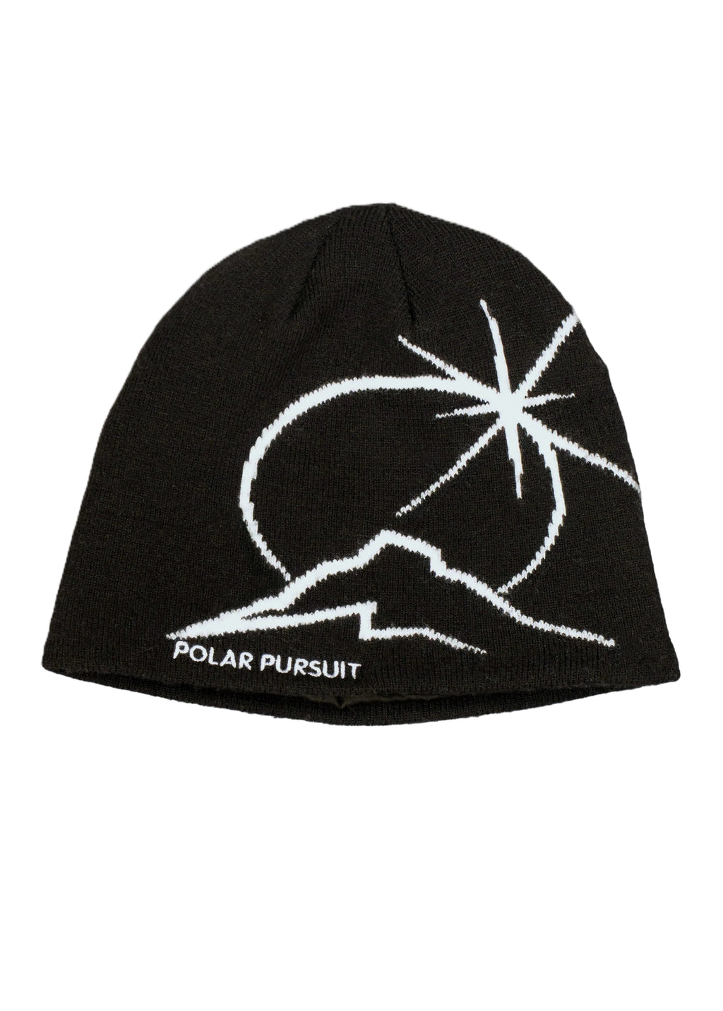 Black Polar Pursuit beanie with white Polar Pursuit logo and 'Polar Pursuit' text on a white background