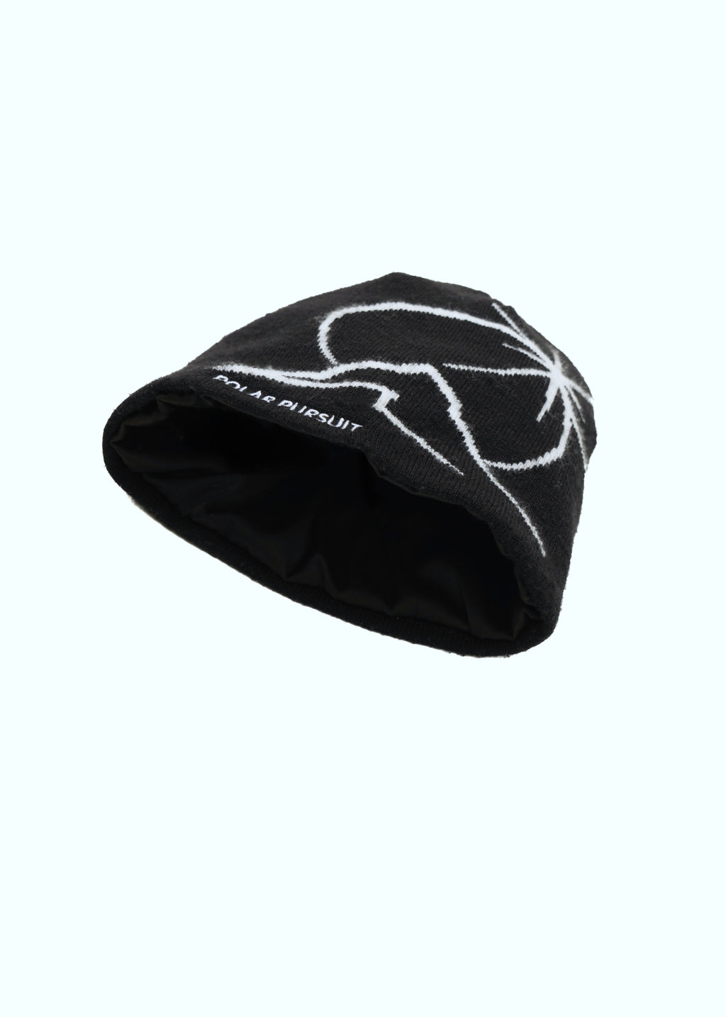 Black Polar Pursuit beanie with white pattern on a white background